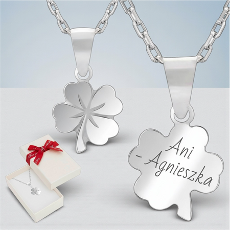 Srebrny naszyjnik koniczynka 925 z grawerem – łańcuszek ankier + pudełko prezentowe