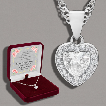 Elegancki naszyjnik damski serce ze srebra 925 w pudełku welurowym bordowym z tabliczką srebrną