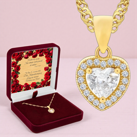 Naszyjnik serce pozłacany 24K ze srebra 925 w pudełku welurowym bordowym z tabliczką