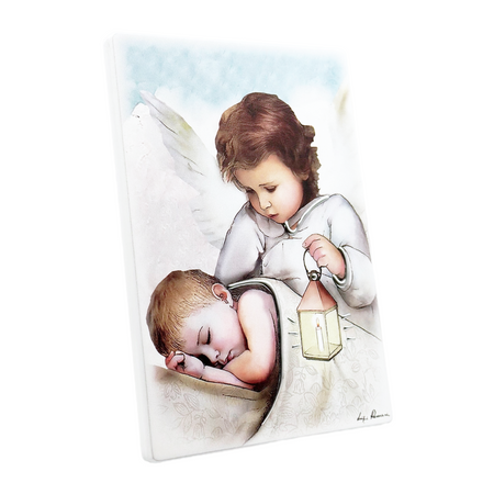 Obrazek malowany na drewnie Twój Anioł Stróż  Dedykacja 10×15 cm Prezent na Chrzest Święty