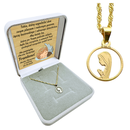 Złoty Medalik 585 Matka Boska Fatimska z Łańcuszkiem Singapur – Biżuteria w Pudełku z Dedykacją