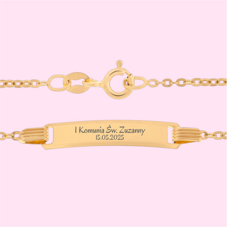 Dziecięca złota bransoletka 585 Brilantata 16 cm z grawerem w szarym pudełku welurowym z dedykacją na złotej tabliczce