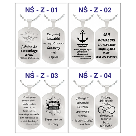 Nieśmiertelnik ze stali szlachetnej srebrny z łańcuszkiem 60 cm GRAWER GRATIS