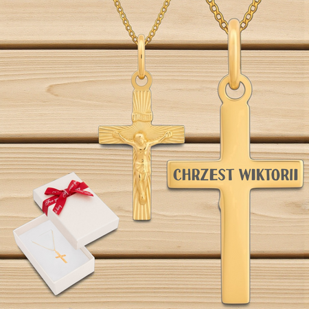 Złoty krzyżyk diamentowany 585 z Jezusem + łańcuszek pancerka 50 cm, pudełko białe, grawer gratis