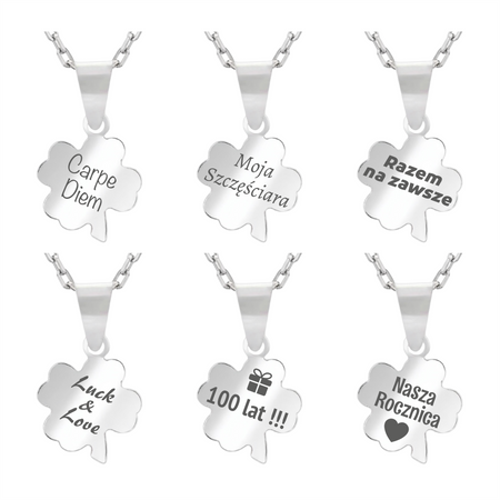 Srebrny naszyjnik koniczynka 925 z grawerem – łańcuszek ankier + pudełko z dedykacją