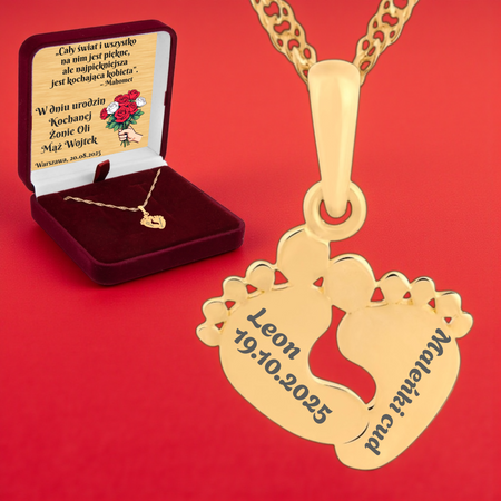 Złoty naszyjnik stópki 585 – prezent dla młodej mamy w pudełku z dedykacją