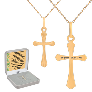 Elegancki Złoty Krzyżyk z Grawerem i Dedykacją na Tabliczce w Pudełku Prezentowym