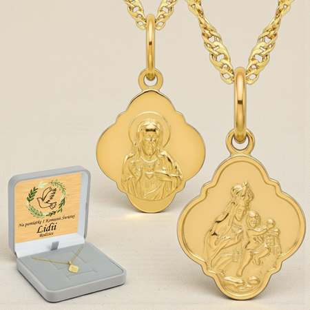 Medalik Szkaplerz złoto 14k próba 585 + łańcuszek Singapur w pudełku z tabliczką dedykacją
