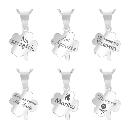 Srebrny naszyjnik koniczynka 925 z grawerem – łańcuszek pancerka, pudełko prezentowe