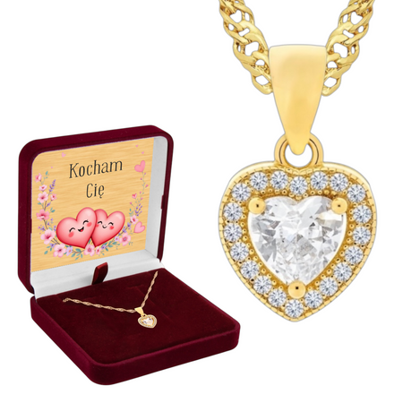 Naszyjnik serce pozłacany 24K ze srebra 925 w pudełku welurowym bordowym z tabliczką