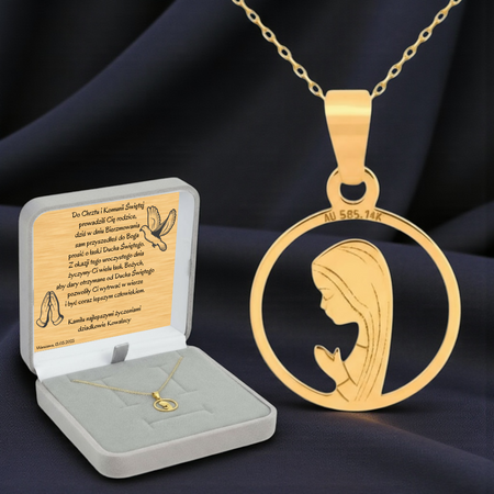 Złoty Medalik Matka Boska Fatimska 585 + Łańcuszek Ankier – Pamiątka z Dedykacją