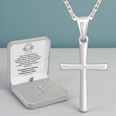 Srebrny krzyżyk z łańcuszkiem pr. 925 Pudełko z dedykacją Prezent na Komunię, na Chrzest, na Bierzmowanie