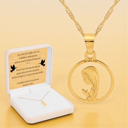 Złoty Medalik 585 z Matką Boską Fatimską w Okręgu – Łańcuszek Singapur w Pudełku z Dedykacją