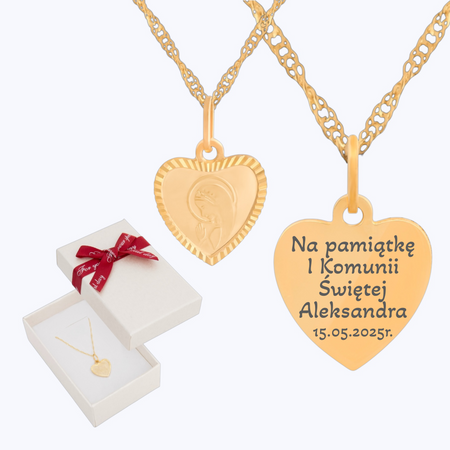 Złoty medalik serce Matka Boska Fatimska + łańcuszek Singapur 585 w pudełku z kokardką