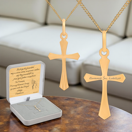 Krzyżyk z łańcuszkiem złoty pr. 585 z grawerem w pudełku welurowym z dedykacją