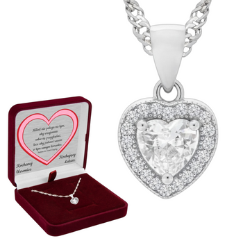Elegancki naszyjnik damski serce ze srebra 925 w pudełku welurowym bordowym z tabliczką srebrną