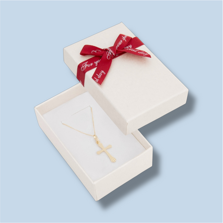 Zestaw złoty pr. 585 – łańcuszek cienka pancerka 50 cm i krzyżyk z grawerem w pudełku