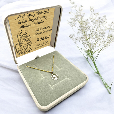 Złoty Medalik 585 z Matką Boską Fatimską w Okręgu – Łańcuszek Ankier w Pudełku z Dedykacją