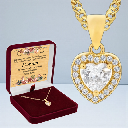 Naszyjnik serce pozłacany 24K ze srebra 925 w pudełku welurowym bordowym z tabliczką