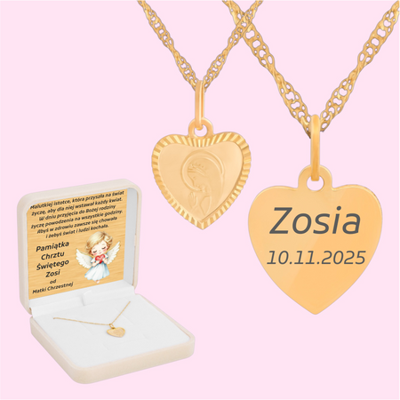 Złoty medalik serce Matka Boska Fatimska + łańcuszek Singapur 585 w kremowym pudełku z atłasem i złotą tabliczką
