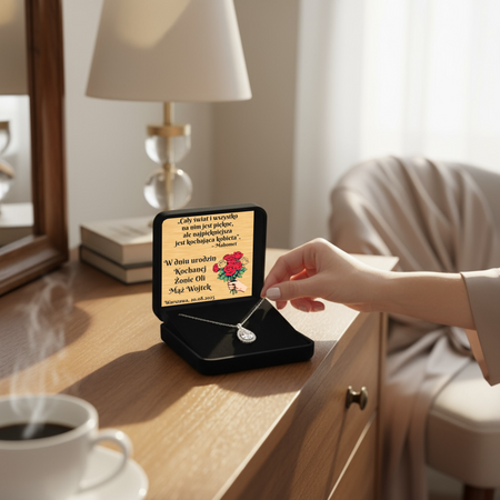 Czarne pudełko welurowe z atłasem + złota tabliczka z dedykacją