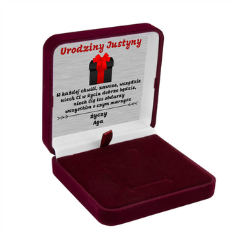 Bordowe pudełko welurowe z atłasem i srebrną tabliczką – idealne na srebrną biżuterię