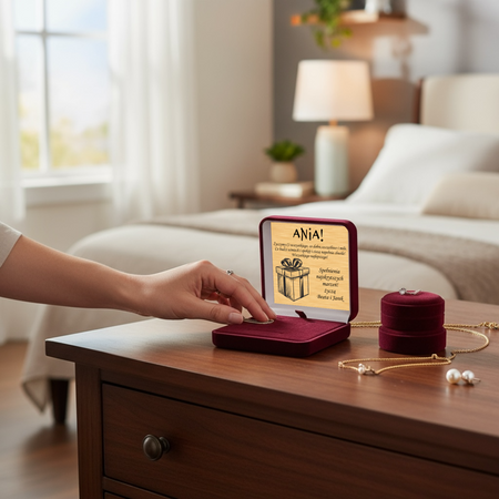 Bordowe pudełko welurowe na biżuterię z białym atłasem i złotą tabliczką 7,4 × 7,4 cm