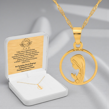 Złoty Medalik 585 Matka Boska Fatimska z Łańcuszkiem Singapur – Biżuteria w Pudełku z Dedykacją