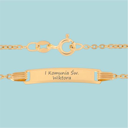 Dziecięca złota bransoletka pr. 585 Brilantata 16 cm 1,1 g z blaszką i grawerem – idealna na chrzest, roczek, komunię