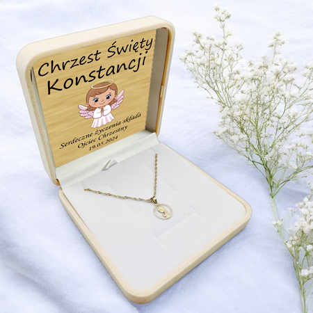 Złoty Medalik 585 z Matką Boską Fatimską w Okręgu – Łańcuszek Singapur w Pudełku z Dedykacją