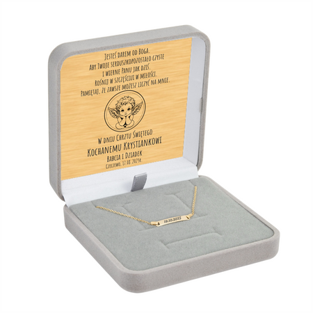 Dziecięca złota bransoletka 585 Brilantata 16 cm z grawerem w szarym pudełku welurowym z dedykacją na złotej tabliczce