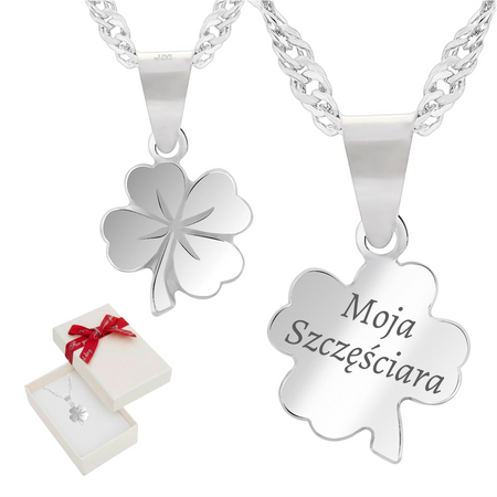 Srebrny naszyjnik koniczynka 925 z grawerem – łańcuszek singapur + pudełko prezentowe