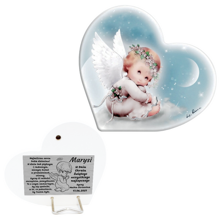 Obrazek malowany na drewnie Twój Anioł Stróż Serce Dedykacja 11x10 cm Prezent na Chrzest