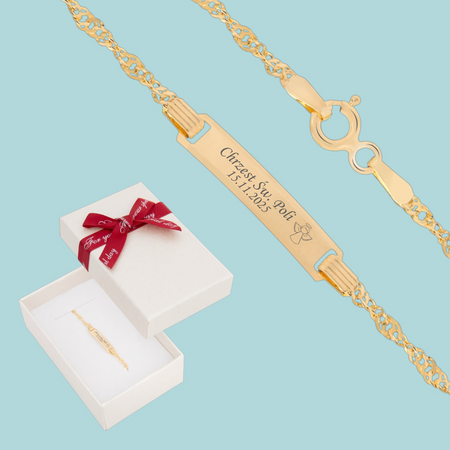 Dziecięca złota bransoletka 585 z blaszką grawerowaną 16 cm 1,2 g w pudełku prezentowym