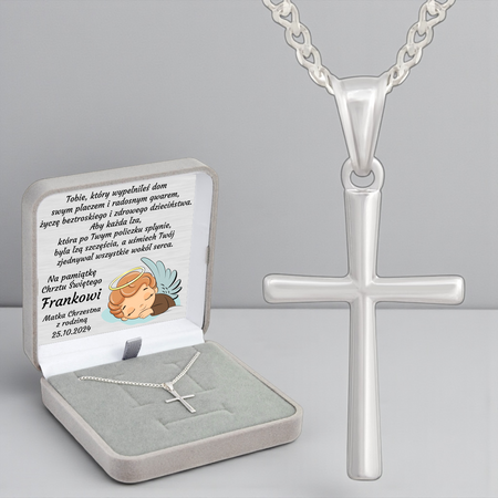 Srebrny krzyżyk z łańcuszkiem pr. 925 Pudełko z dedykacją Prezent na Komunię, na Chrzest, na Bierzmowanie