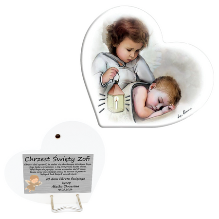 Obrazek malowany na drewnie Twój Anioł Stróż Serce Dedykacja 11x10 cm Prezent na Chrzest