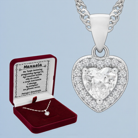 Elegancki naszyjnik damski serce ze srebra 925 w pudełku welurowym bordowym z tabliczką srebrną