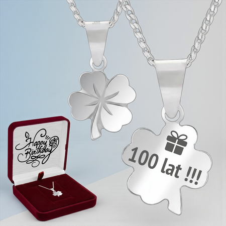 Srebrny naszyjnik koniczynka 925 z grawerem – łańcuszek pancerka + pudełko z dedykacją