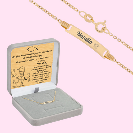 Dziecięca złota bransoletka 585 Brilantata 16 cm z grawerem w szarym pudełku welurowym z dedykacją na złotej tabliczce