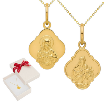 Złoty medalik Szkaplerz 585 z łańcuszkiem ankier diamentowany 45 cm w pudełku z kokardką