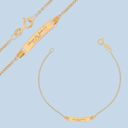 Dziecięca złota bransoletka pr. 585 Brilantata 16 cm 1,1 g z blaszką i grawerem – idealna na chrzest, roczek, komunię