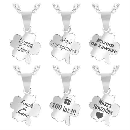 Srebrny naszyjnik koniczynka 925 z grawerem – łańcuszek singapur + pudełko prezentowe