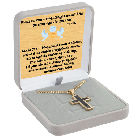 Krzyż stalowy czarno-złoty z grawerem GRATIS – łańcuszek pancerka 60 cm w pudełku prezentowym