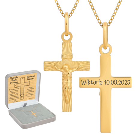 Złoty krzyżyk 585 z Jezusem + łańcuszek pancerka, pudełko welurowe szare, grawer gratis