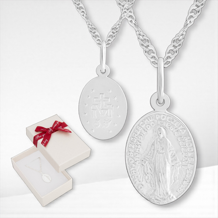 Prezent religijny: medalik srebrny z Maryją + łańcuszek Singapur + pudełko