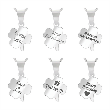 Srebrny naszyjnik koniczynka 925 z grawerem – łańcuszek pancerka + pudełko z dedykacją