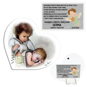 Obrazek malowany na drewnie Twój Anioł Stróż Serce Dedykacja 11x10 cm Prezent na Chrzest