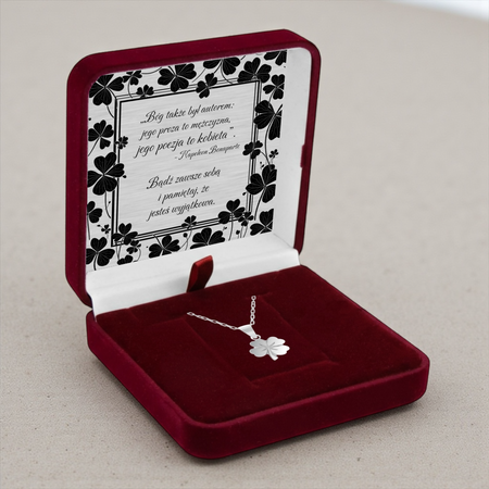 Srebrny naszyjnik koniczynka 925 z grawerem – łańcuszek ankier + pudełko z dedykacją