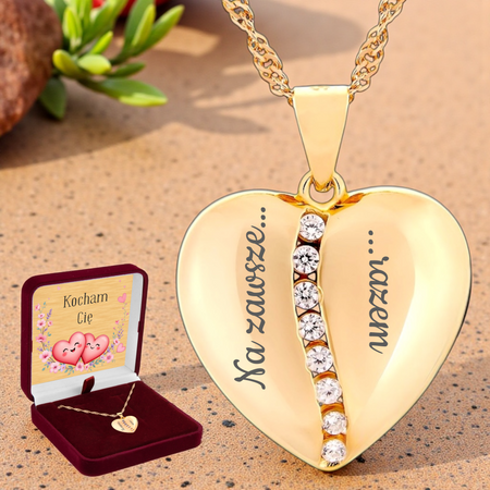 Naszyjnik serce pozłacane dzielone cyrkoniami, grawer gratis + dedykacja na złotej blaszce