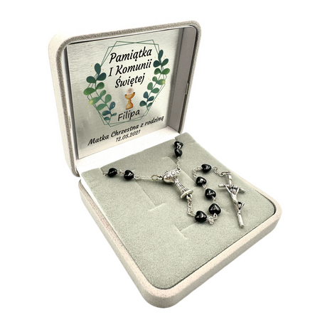 Personalizowany Różaniec z Czarnymi Błyszczącymi Serduszkami - Na Chrzest, Komunię, Bierzmowanie
